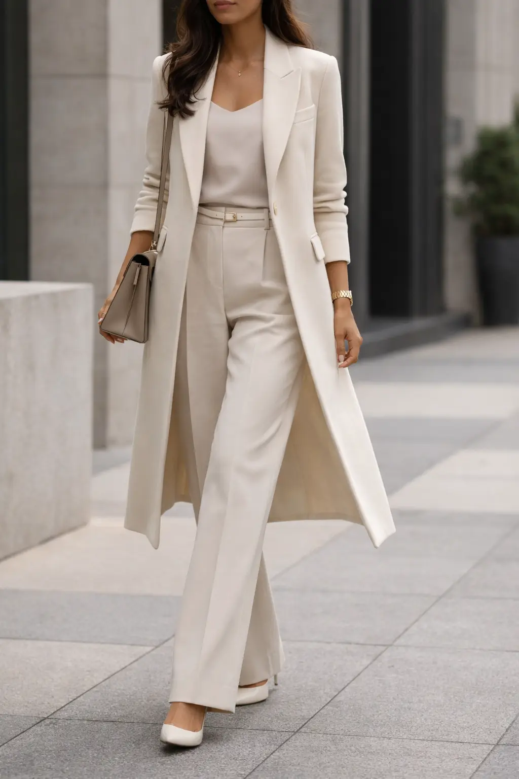 Neutral outfit with long coat and wide-leg trousers showing balanced proportion and clean silhouette.