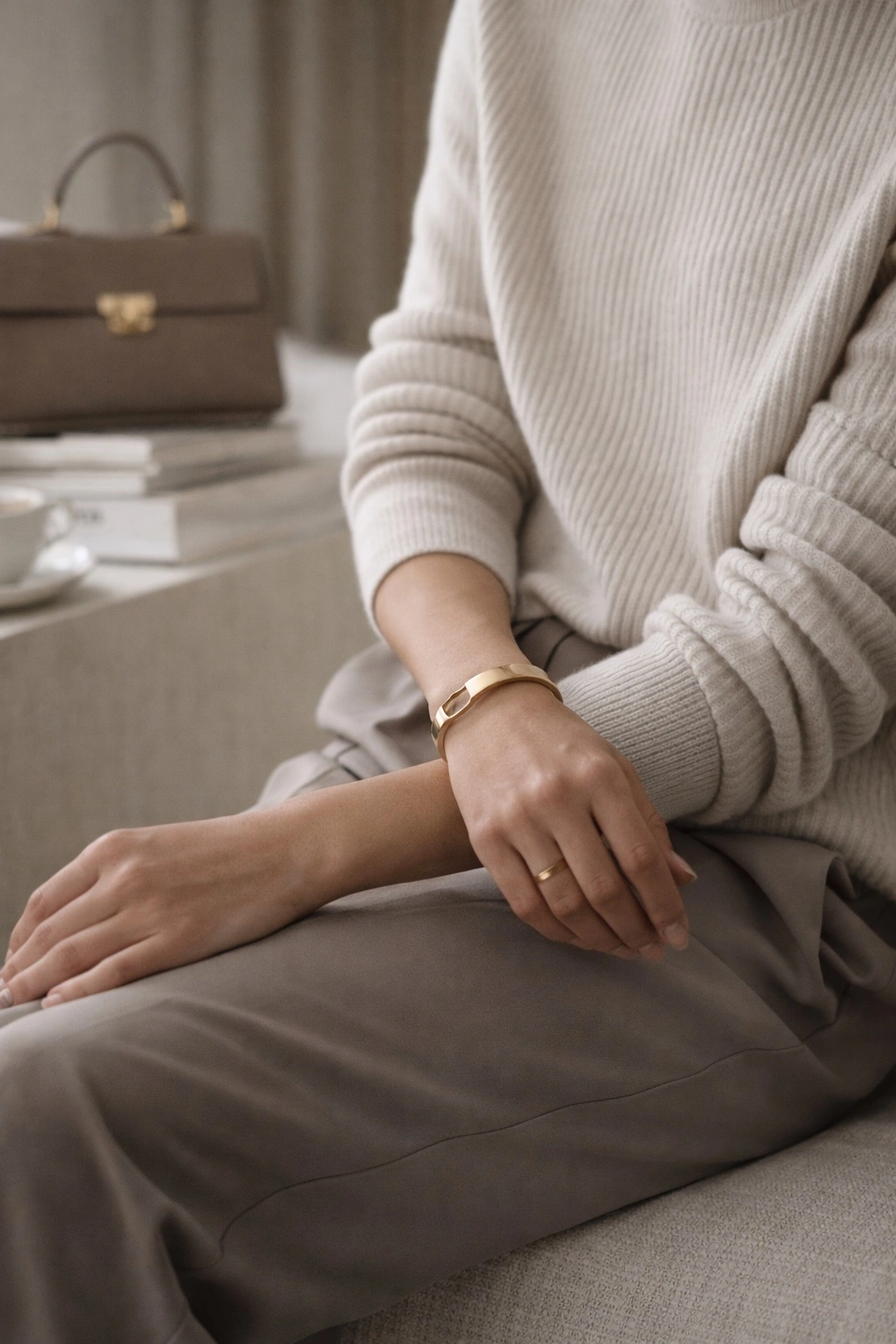 Comfortable knit outfit in neutral tones demonstrating polished but comfortable workwear.