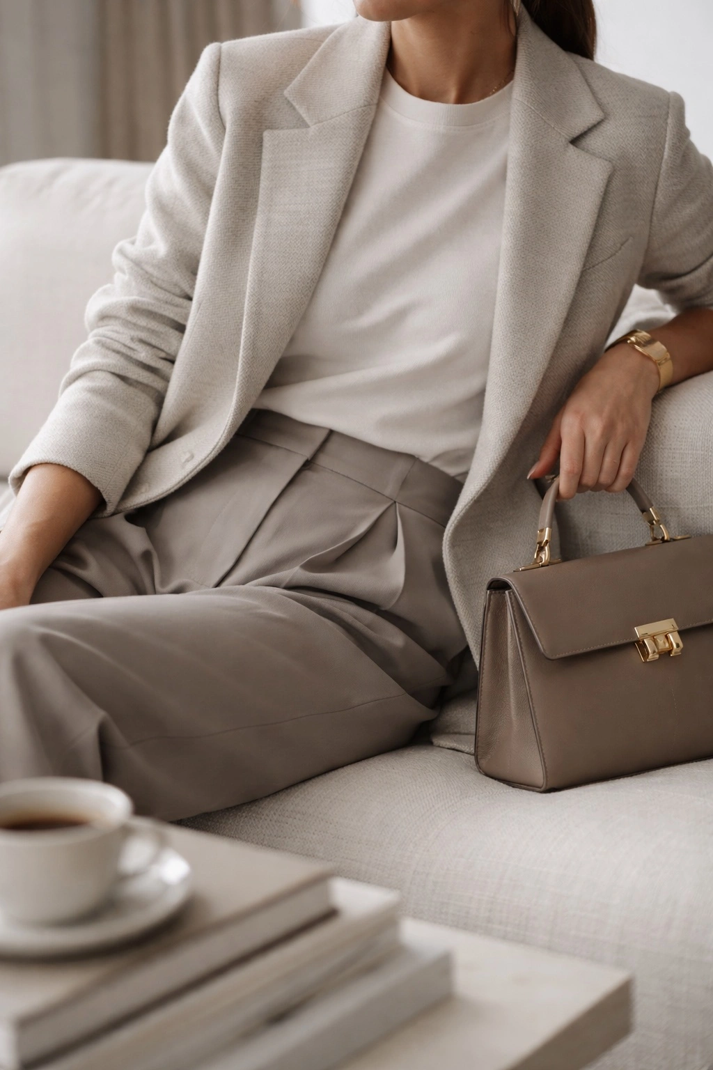 Structured blazer over comfortable outfit demonstrating how the one structured thing rule creates a polished work look.