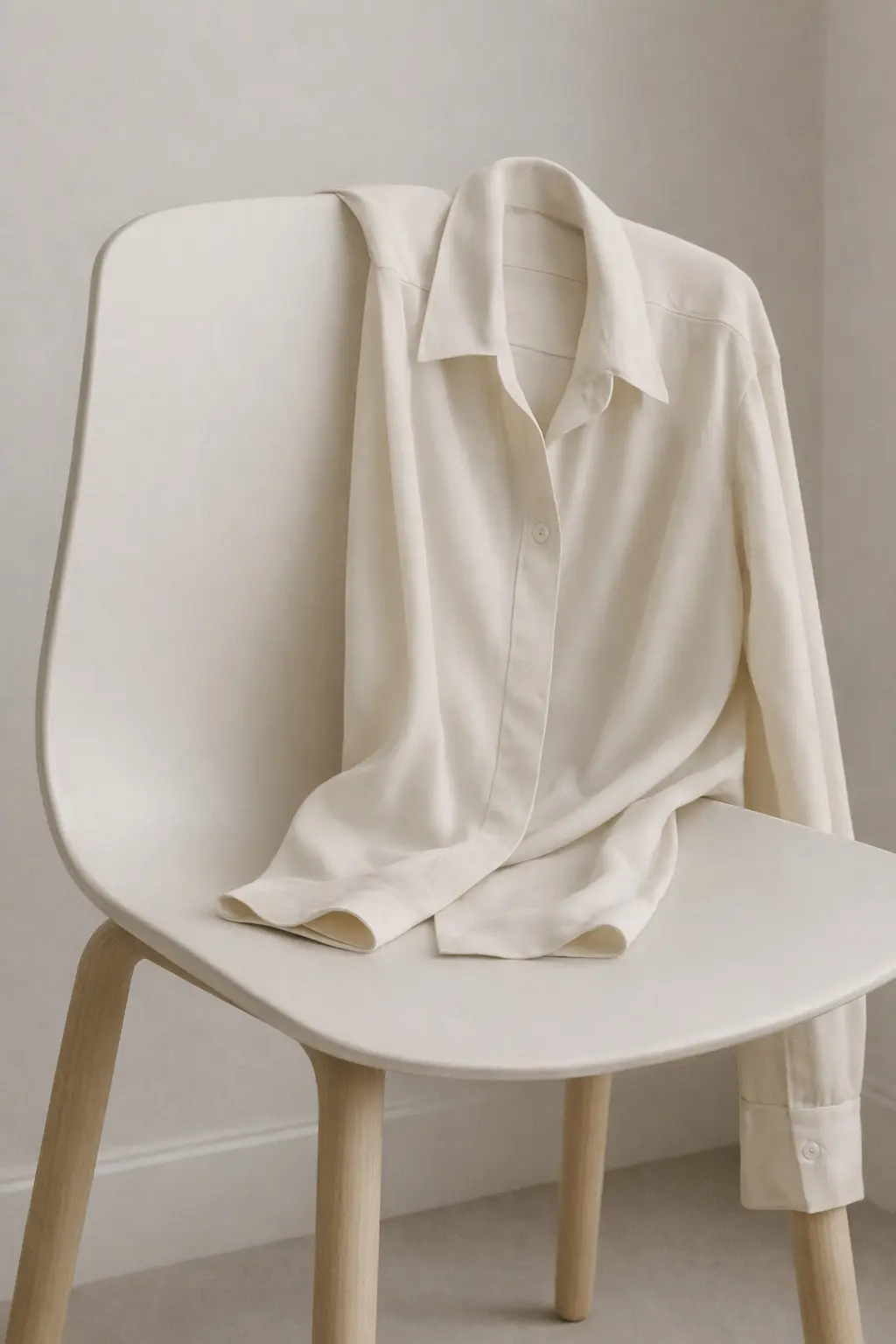 Cream silk blouse draped over a chair showing soft folds and high fabric drape, a good example of what drape means in clothing.
