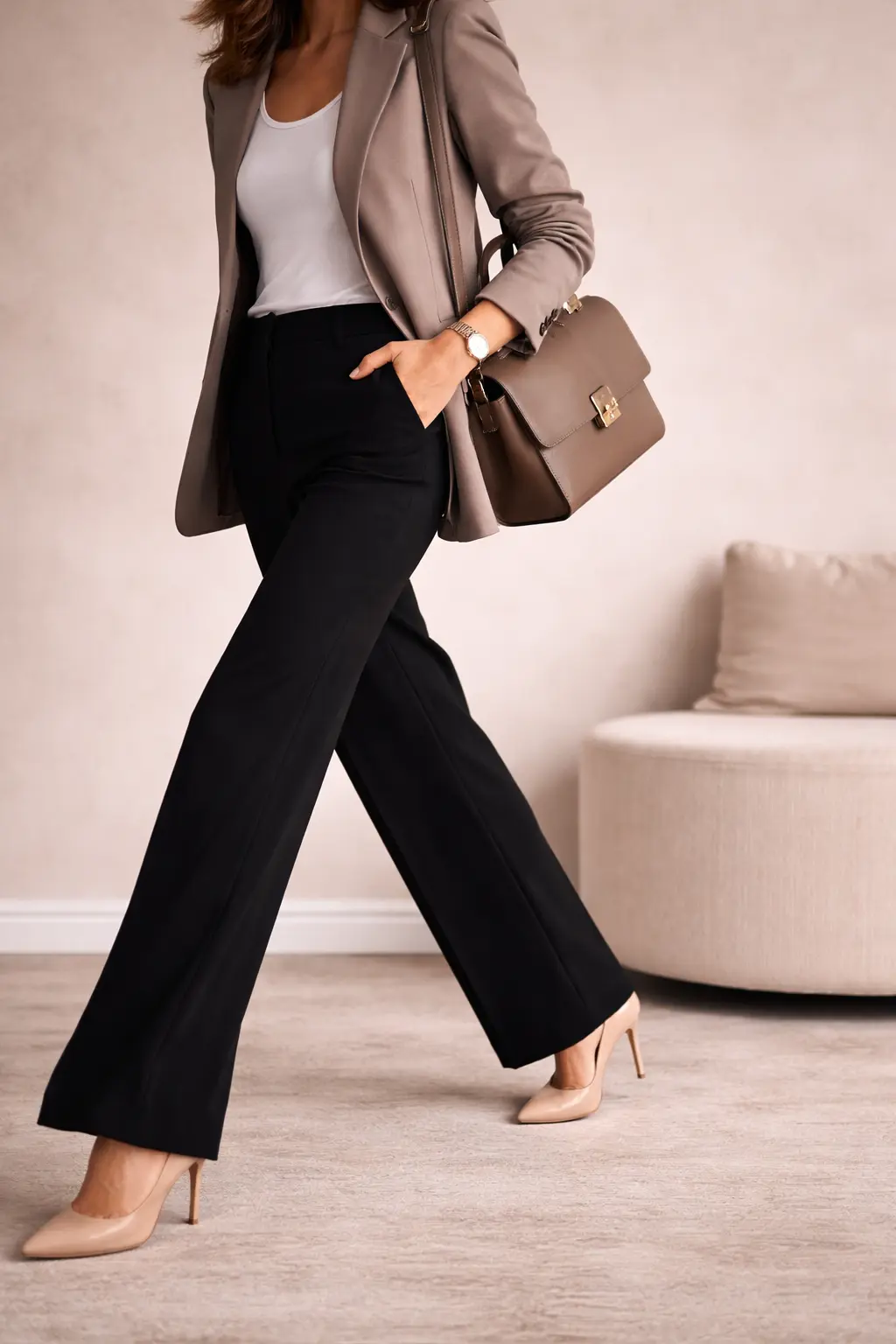 A woman in a neutral outfit showing the ease of movement and polish without stiffness.