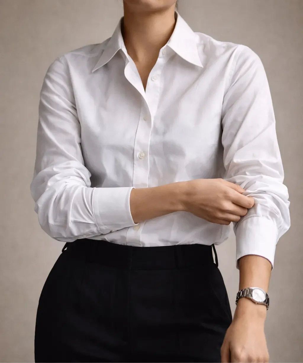 A visual explanation of friction: a woman adjusting the sleeves of a stiff white cotton button down shirt with black trousers.