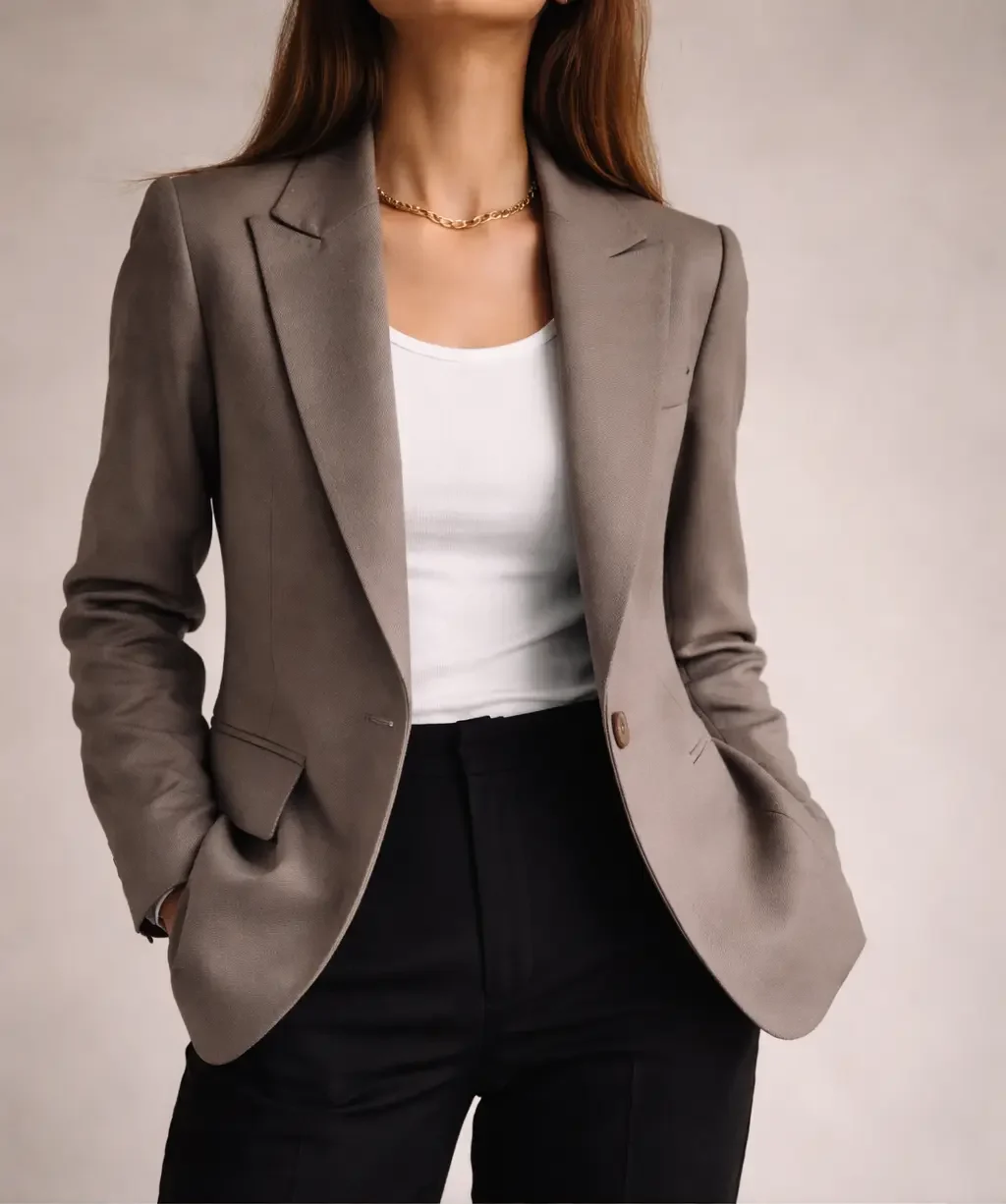 A neutral outfit demonstrating structure and the quiet luxury essentials—blazer, knitwear, and tailored trousers.