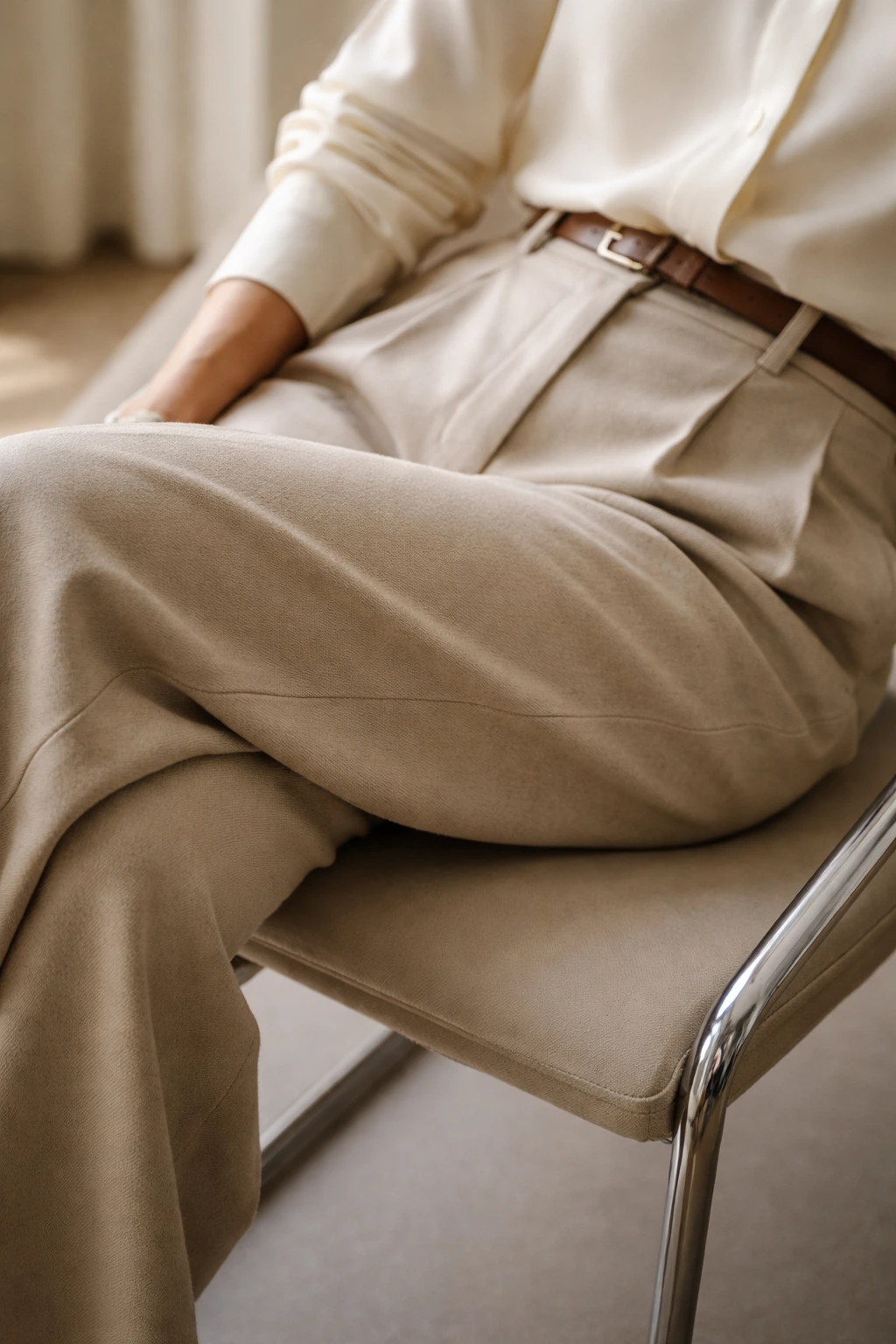 Wool trousers falling smoothing over a knee, an answer to the question of what is drape in fashion.