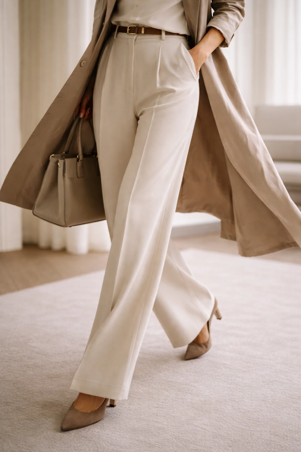 Wide-leg trousers showing natural fabric drape while walking.