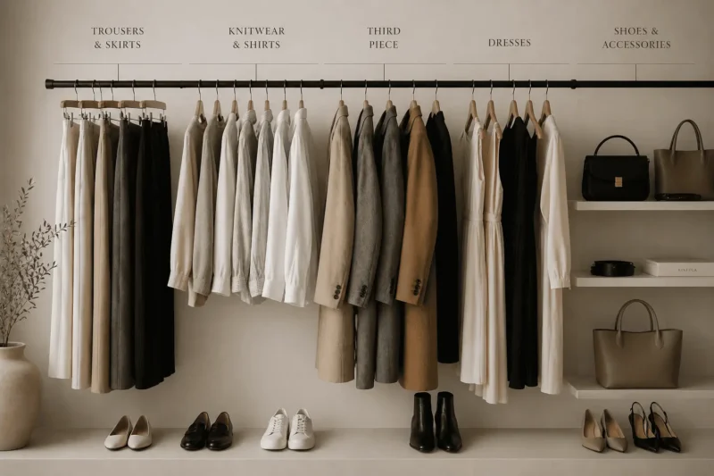 A clear wardrobe rail of quiet luxury wardrobe categories in an neutral color palette and grouped by type