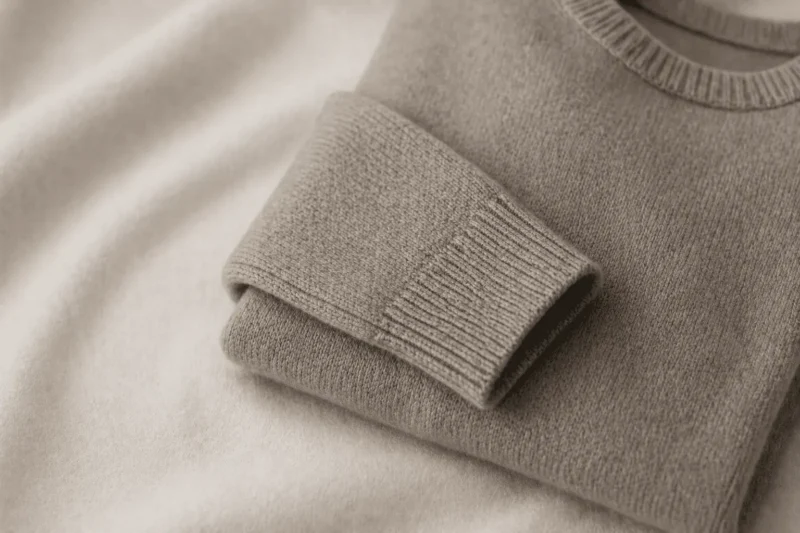 Folded neutral knit with soft texture and structure—quiet luxury fabric detail.