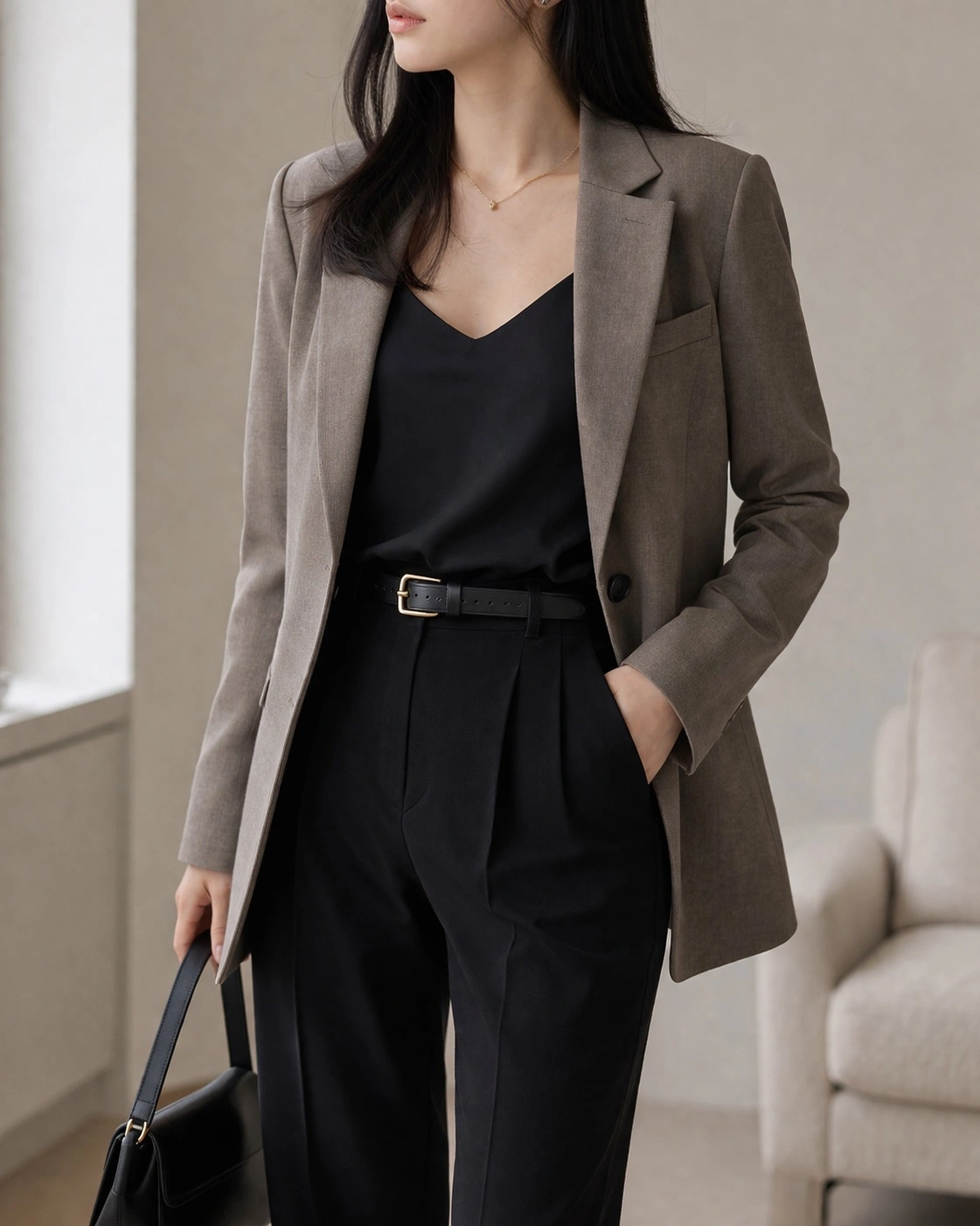 Neutral capsule outfit variation showing repeated pieces styled differently.