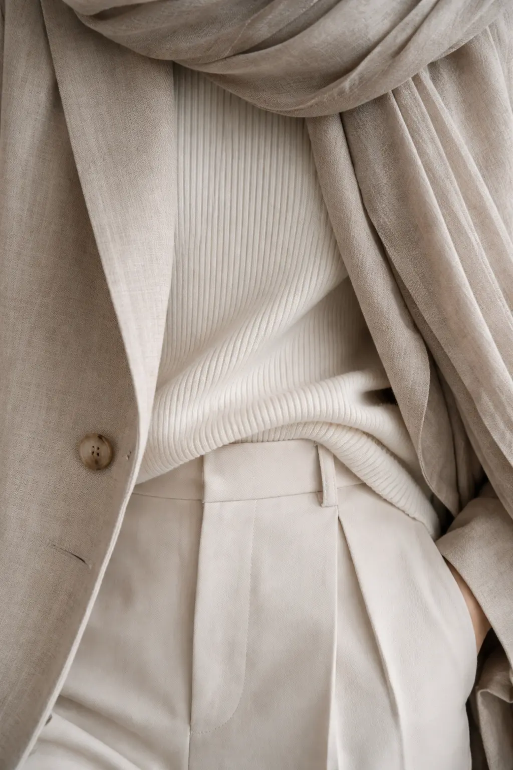 Close-up of layered neutral fabrics showing detail and texture in a repeatable wardrobe.