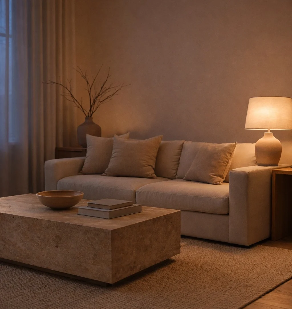 A quiet luxury living room at dusk--a sofa, stone coffee table and side accent tables bathed in soft lamp light creating softness and shadow, showing how a space is refined when light is layered.