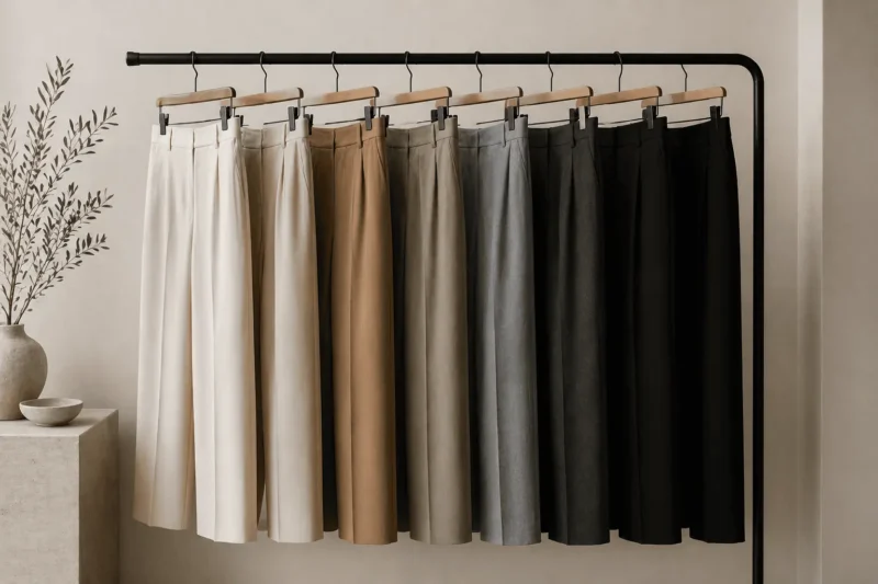 Straight-leg trousers hanging cleaning with minimal styling, demonstrating a foundational piece.