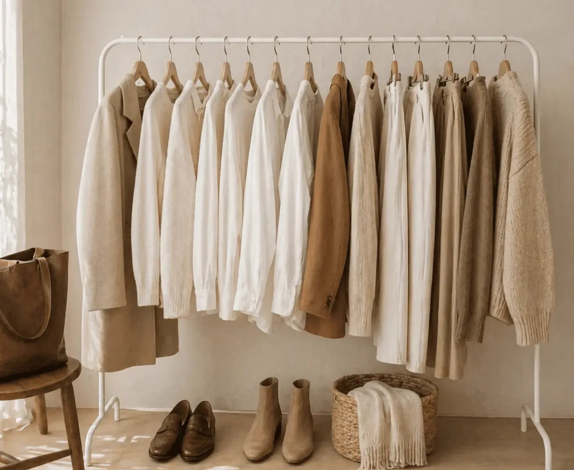 Light neutral wardrobe with cream, beige, and camel clothing pieces showing a calm, noise-free quiet luxury wardrobe.