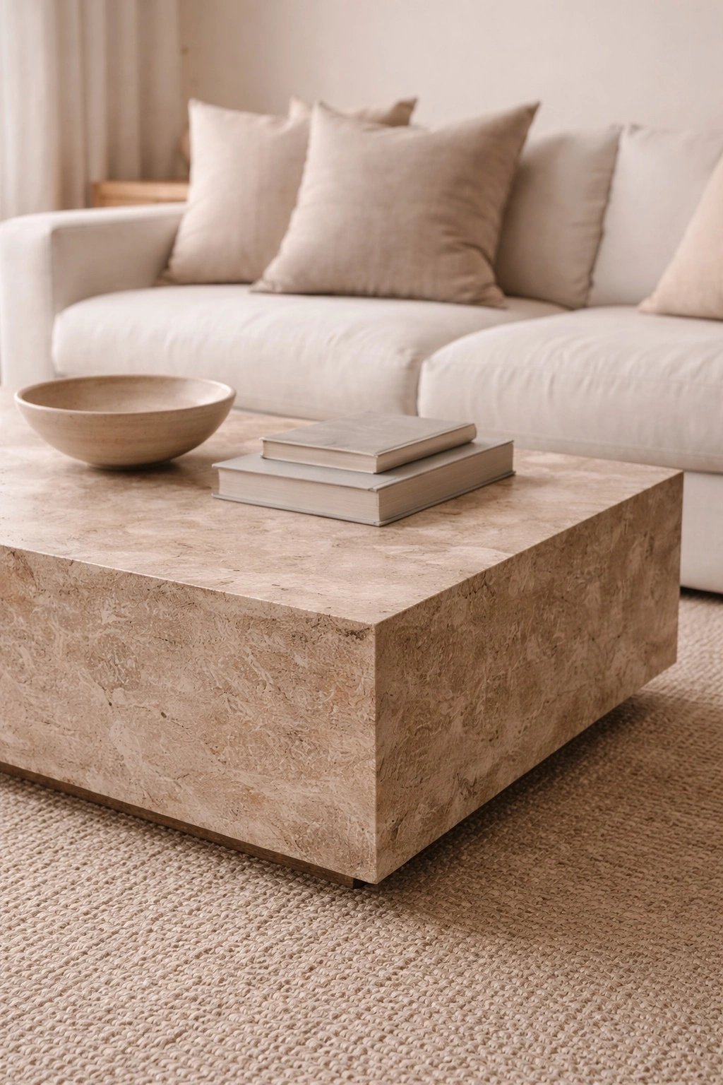 An understated luxury living room with sofa, stone coffee table, and decorative bowl and books to suggest substance and visual weight over decoration only.