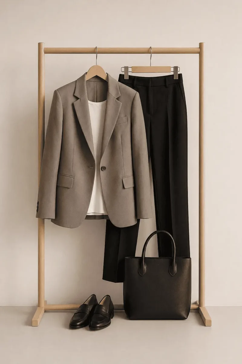 One reliable quiet luxury outfit comprised of a taupe blazer, white shirt, black trousers, black structured bag and black loafers as the start of a noise free wardrobe.