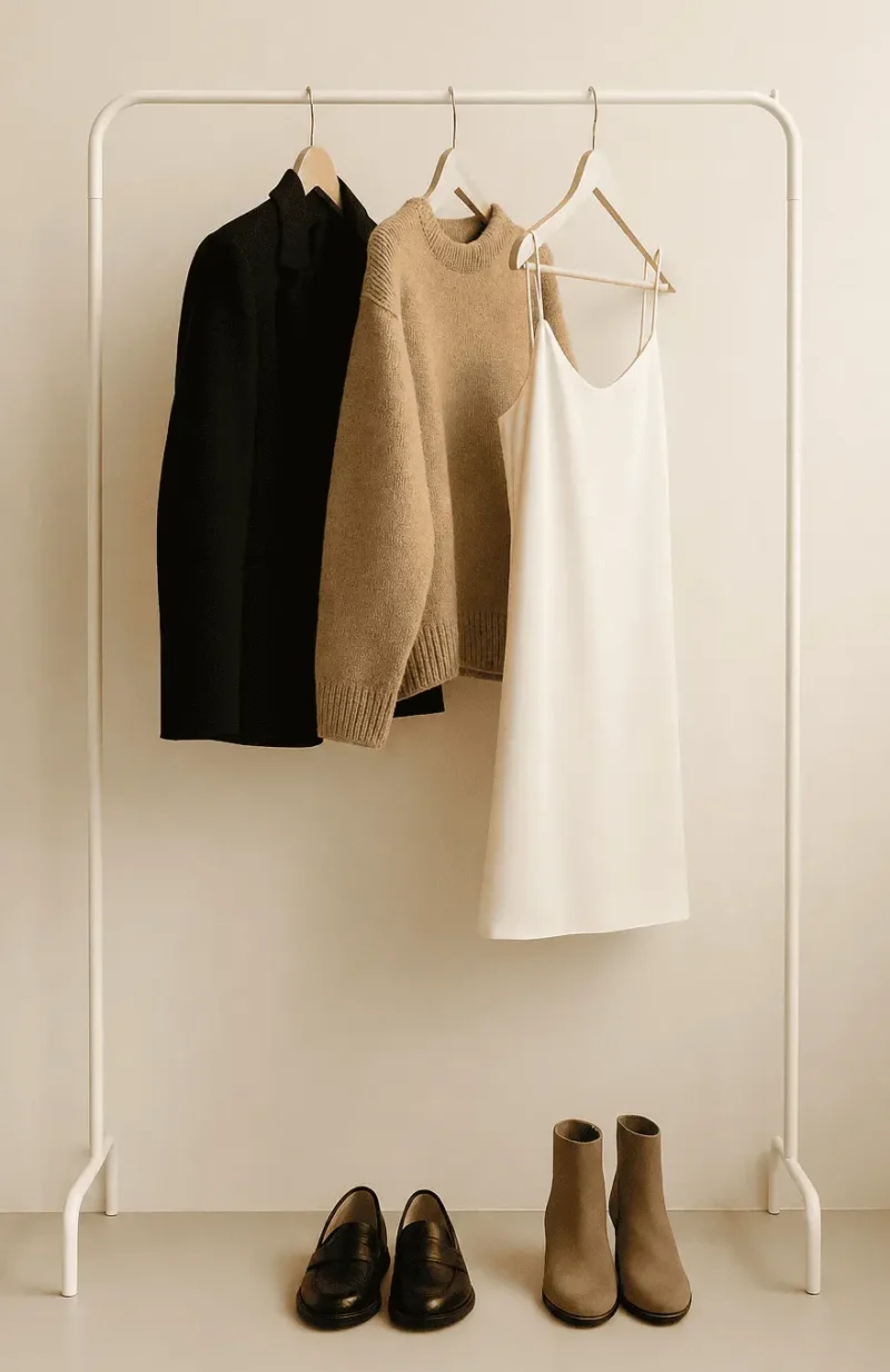 A minimal selection of neutral, structured essentials on a clothing rail representing how to build a quiet luxury wardrobe from scratch.