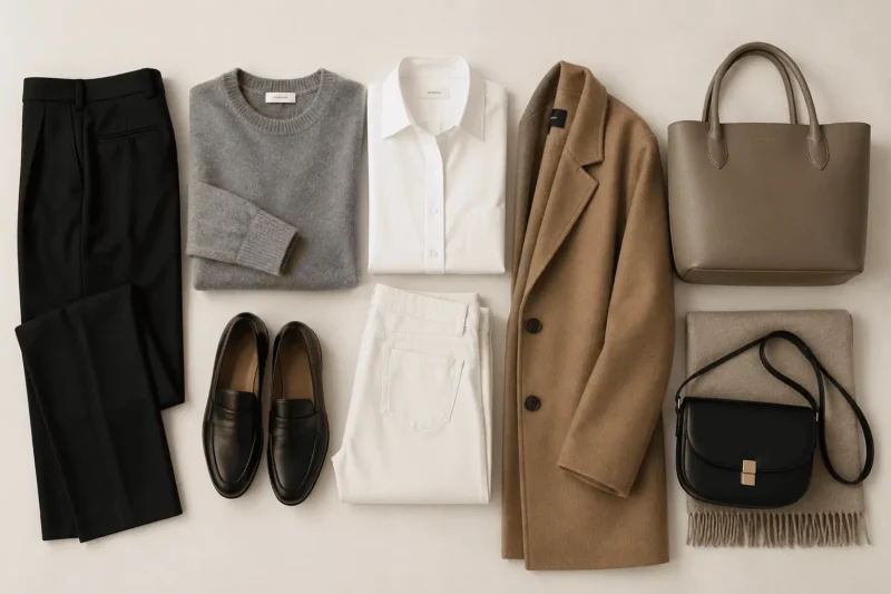 Quiet luxury wardrobe pieces—neutral essentials with structured silhouettes.