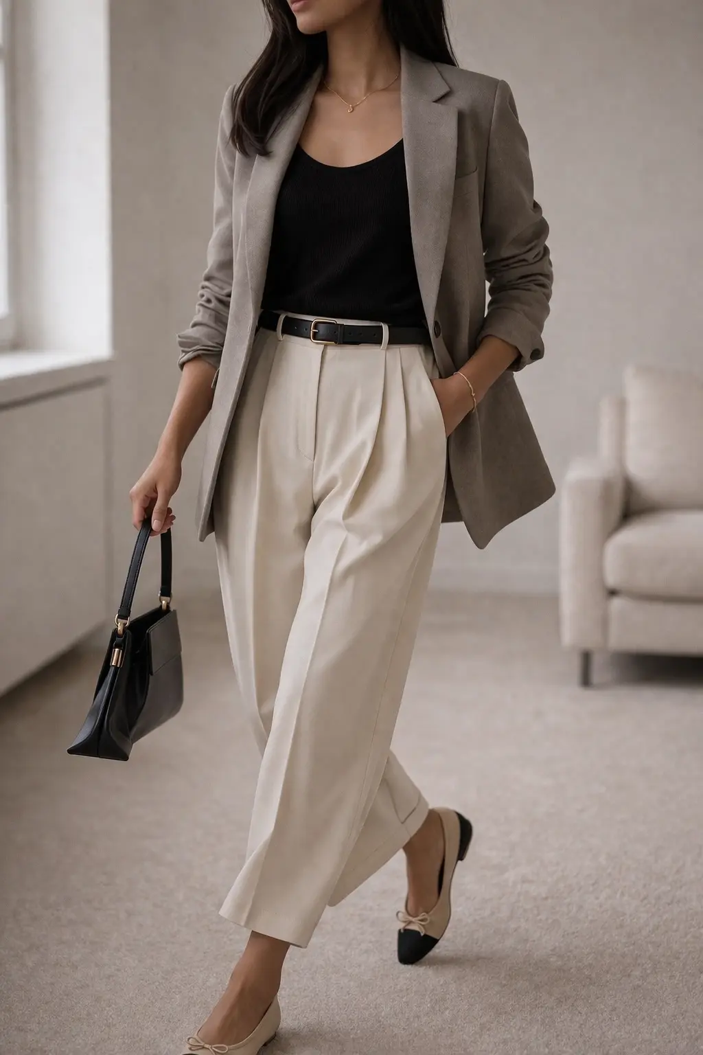 An example of how to repeat outfits without getting bored, in this example, the taupe blazer is paired with a black top and black belt, with classic color blocked flats.