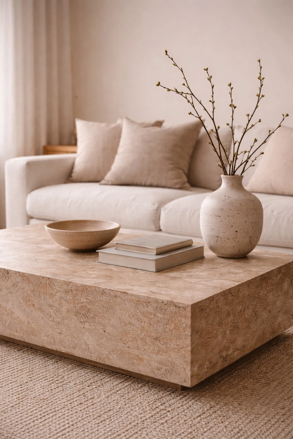 This is restraint in action: luxury minimalist home decor in neutral tones, demonstrating the tension between empty vs complete.