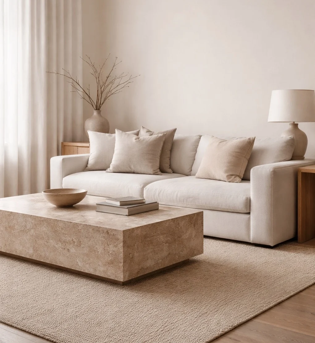 A neutral quiet luxury living room with sofa, stone coffee table and simple refined decor: a bowl, linen bound books, and a textured area rug.