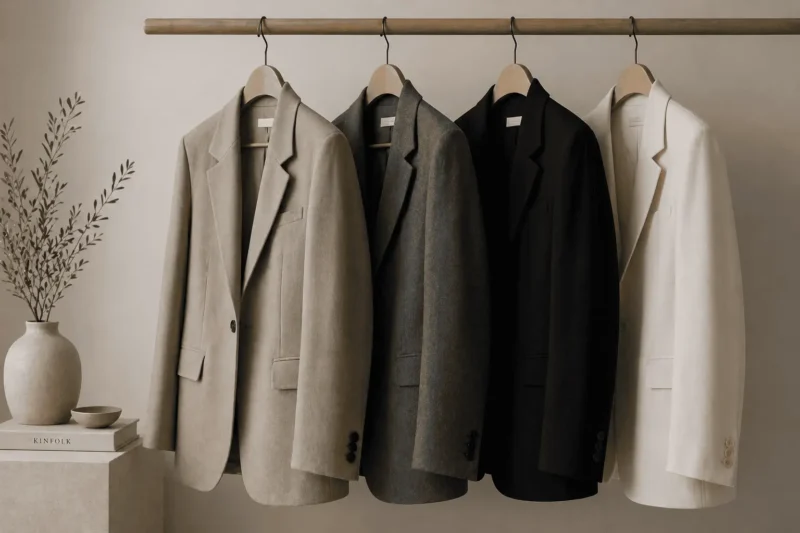 The third piece—a series of 4 blazers in this instance—on hanger, with clearn drape and structure in a neutral palette.