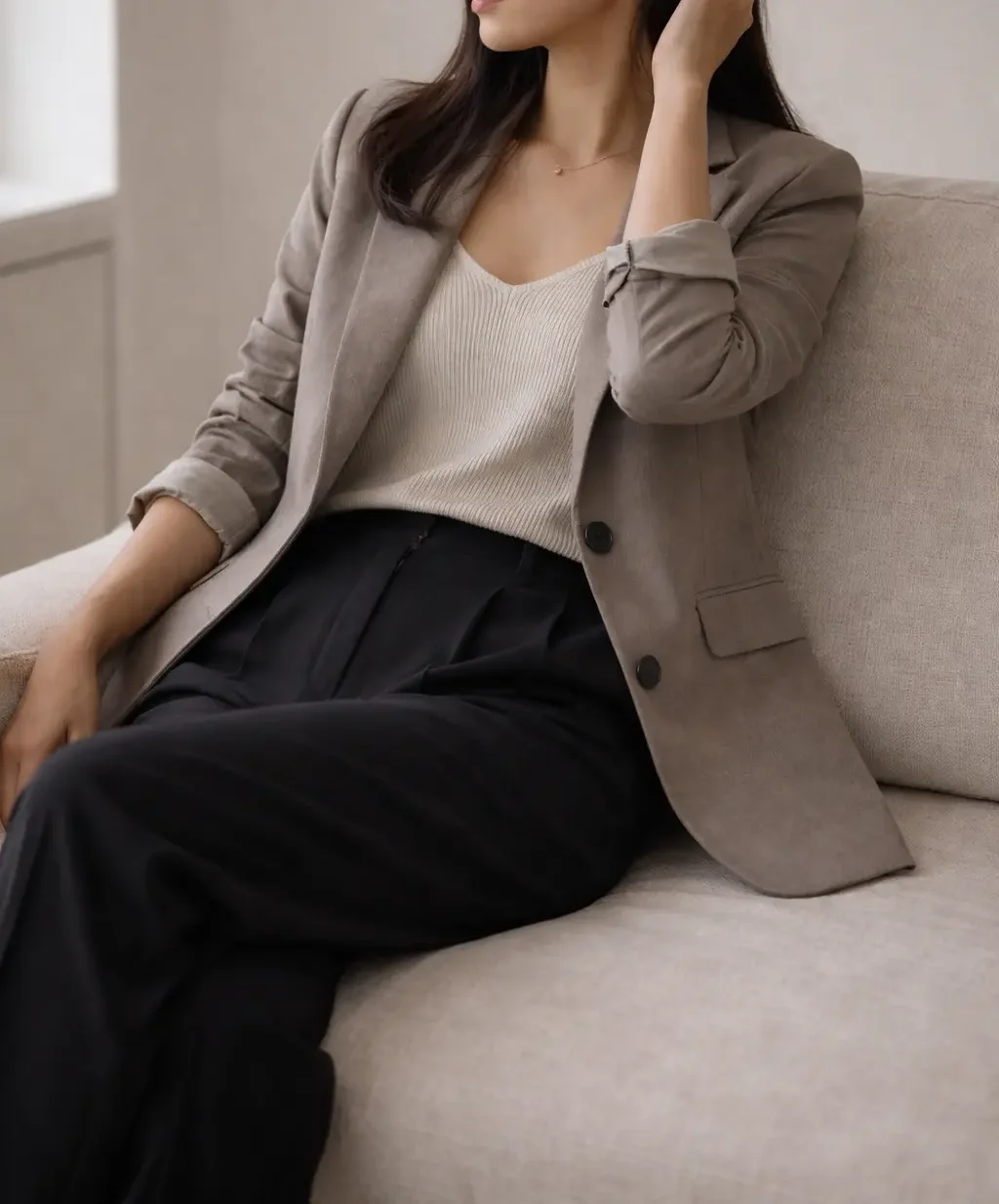 Quiet luxury capsule wardrobe styling variation with blazer and trousers in neutral tones.
