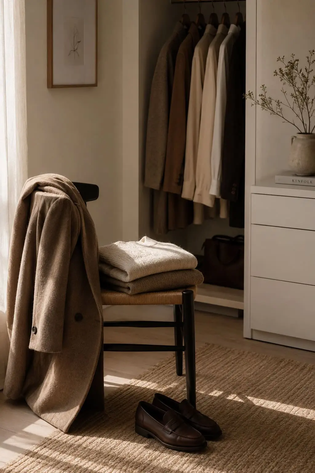 A coat draped over a chair with several sweaters folded on a chair in a quiet wardrobe corner—a calm morning dressing ritual that changes the way you move through the day.