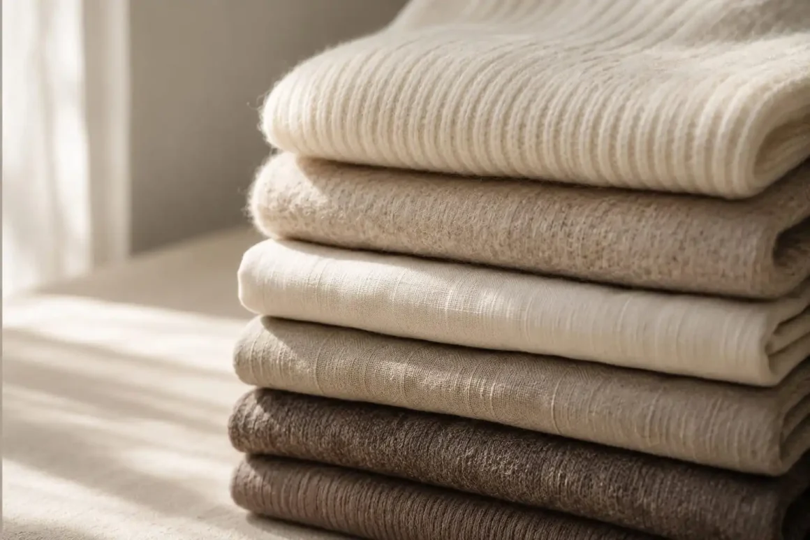 Closeup of a collection of high quality quiet luxury fabrics in tonal neutral colors and textures: wool, linen, silk, tightly woven cotton.