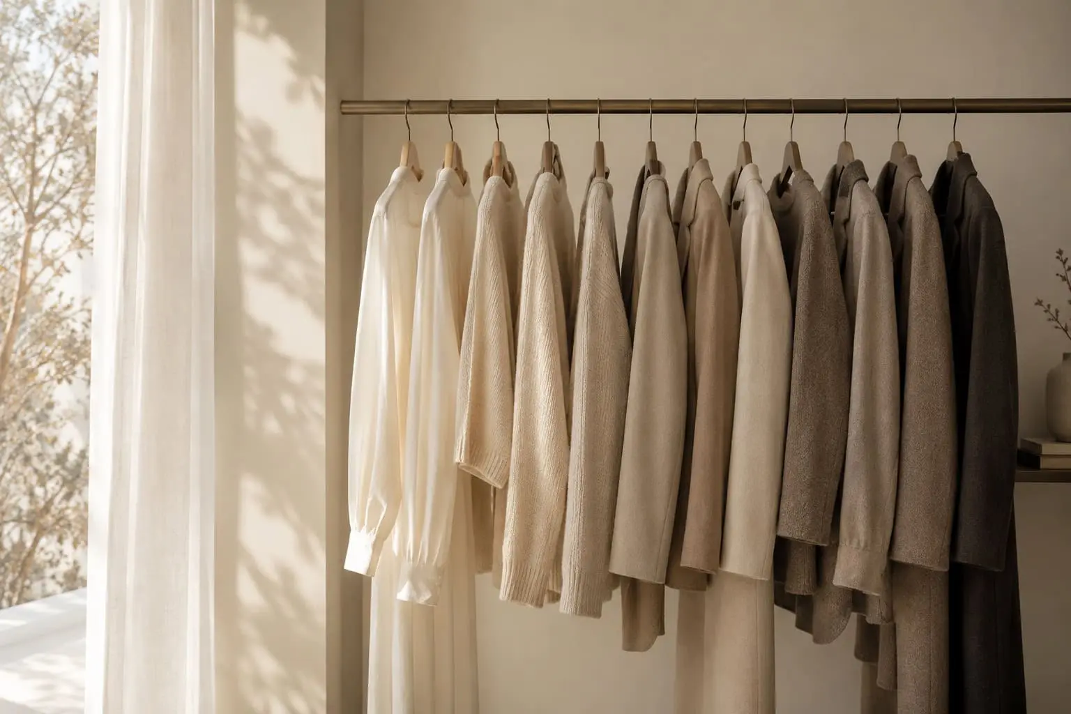 A calm wardrobe in the morning light, comprised of neutral colors, textures, and fabrics to reduce visual noise and decision fatigue.