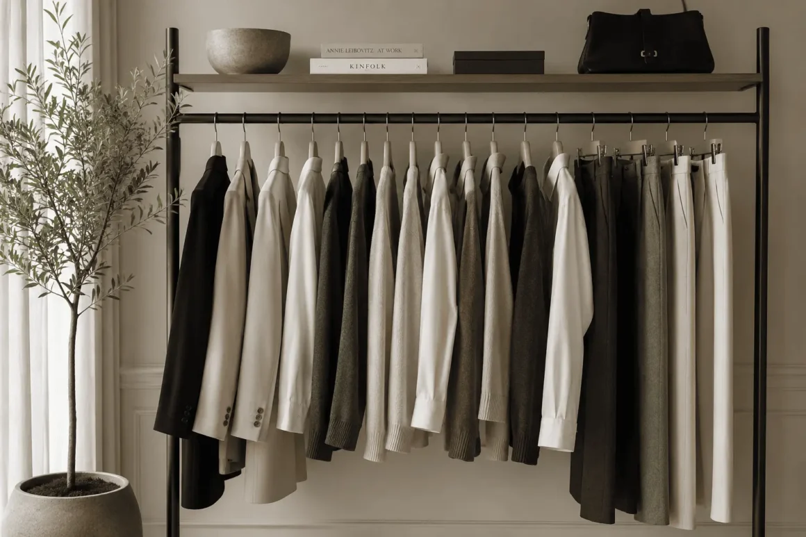 A neutral quiet luxury capsule wardrobe showing the essential pieces necessary for a calm, functional, and repeatable capsule.