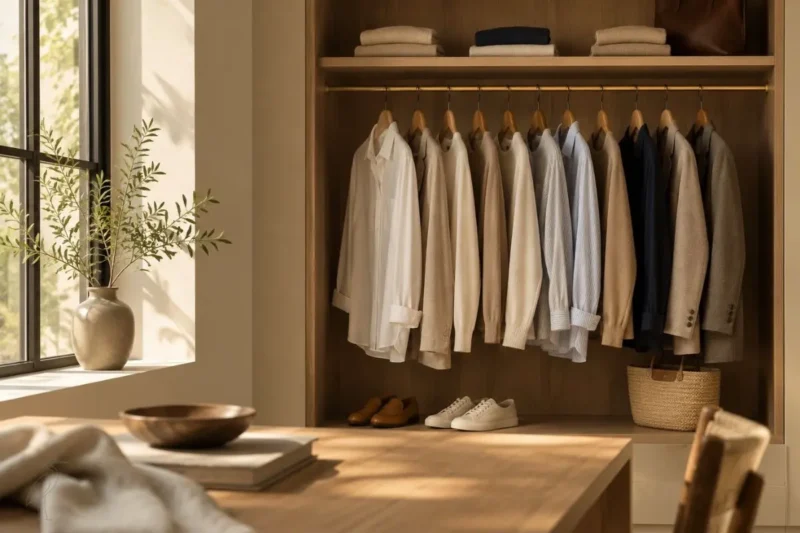 A quiet wardrobe closet in the morning with familiar pieces that eliminate decision fatigue.