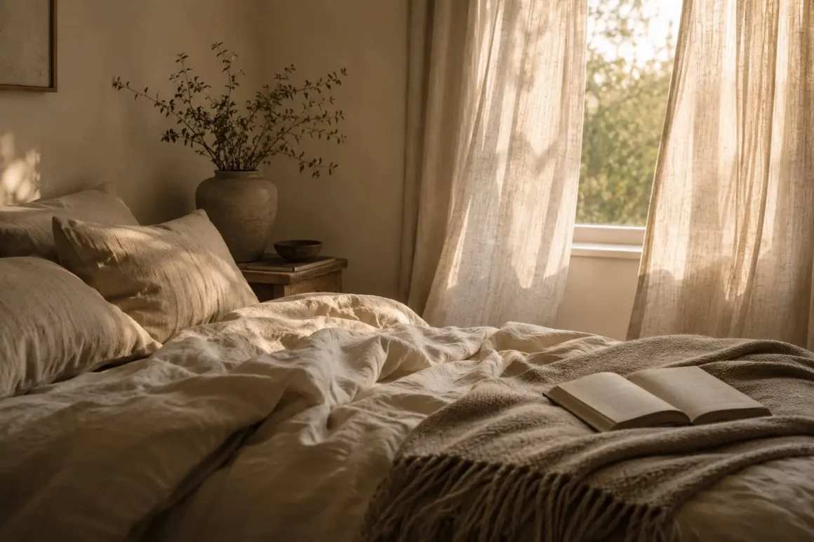 Late afternoon sun filtering through linen curtains of a bedroom, containing an unmade bed made up of quiet textures: linen sheets, a wool throw blanket, and an open book on top.