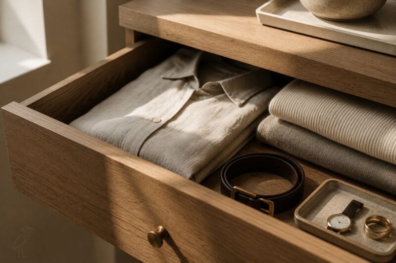 A close look at a wood drawer open to essential pieces of a quiet wardrobe that are repeatedly worn until familiarity produces confidence: a linen blouse, brown leather belt, folded knits and simple jewelry.