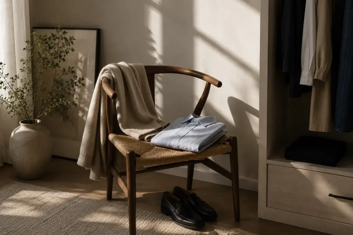 A neutral sweater draped over a chair with a folded shirt and loafers under the chair, reflecting the luxury of having enough.