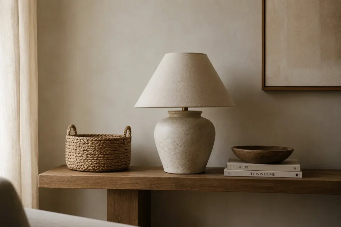 Quiet luxury living room showing a woven backet, ceramic lamp with linen shade, wooden bowl atop two books, all placed on a wood table, showing that adding quiet texture doesn't mean clutter.