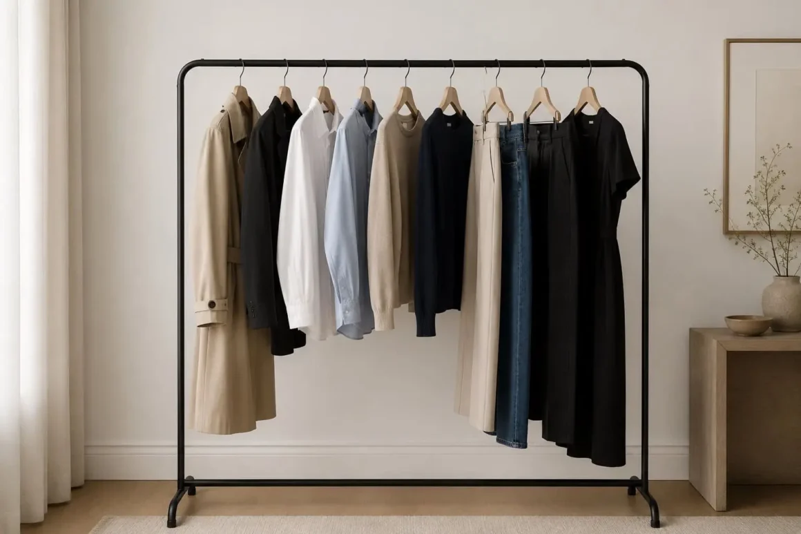 A wardrobe rack showing 10 capsule wardrobe essentials—trenchcoat, blazer, one white button-down, one blue button-down, two neutral sweaters, trousers, dark denim, and a versatile dress—to create the best quiet wardrobe.