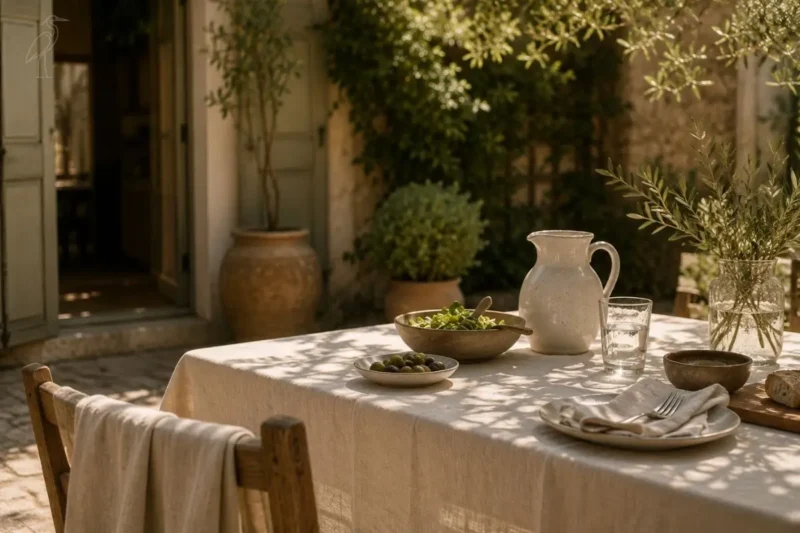 The quiet luxury no one sees: an outdoor lunch, complete with pitcher, simple place settings and small plates--this is where your attention can go when your wardrobe decisions take less of your energy.