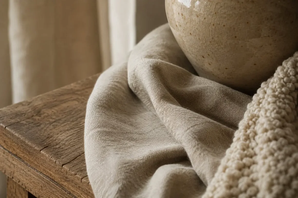 Linen folds, wood grain, ceramic glaze, and wool knit, showing the layered textures typical of a calm quiet luxury home.