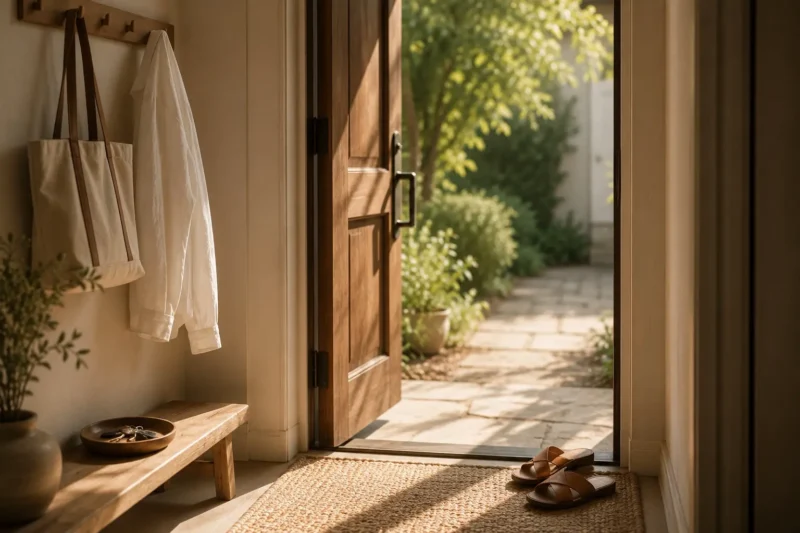 An open front door with a canvas tote and light cotton button-down hanging next to the door, keys in a bowl on top of a wooden bench, and comfortable sandals waiting for you to walk into your day.