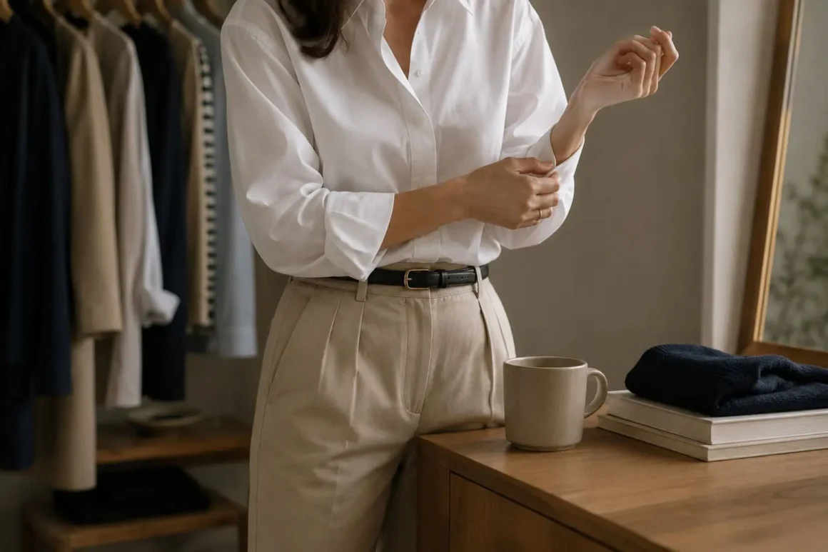 A woman buttoning the cuff of her button down, demonstrating the ease with which a cohesive capsule wardrobe reduces the constant friction of getting dressed.