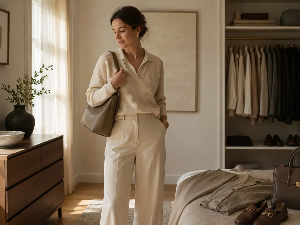 A woman wears a cream knit polo with tailored trousers and a neutral handbag beside a coordinated wardrobe.