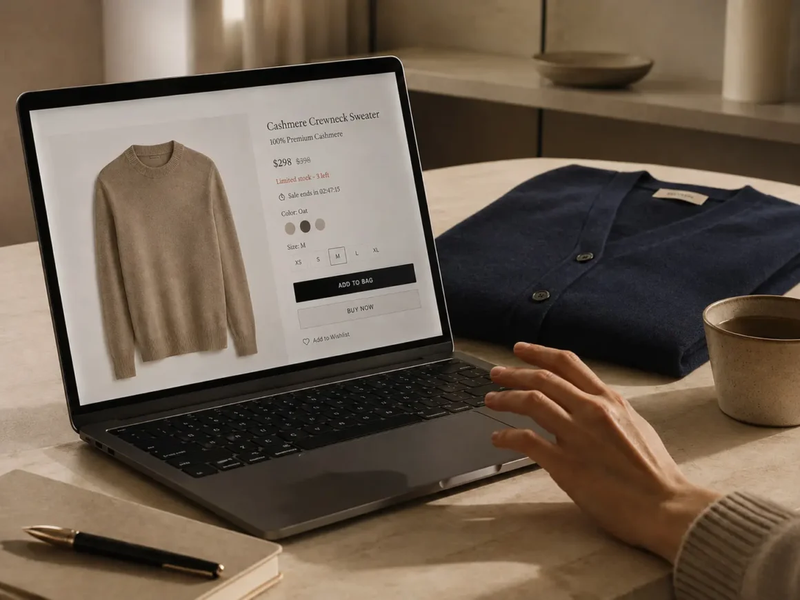 A hand pauses above a laptop showing a discounted cashmere sweater while a navy cardigan rests nearby, trying to avoid an impulse purchase.