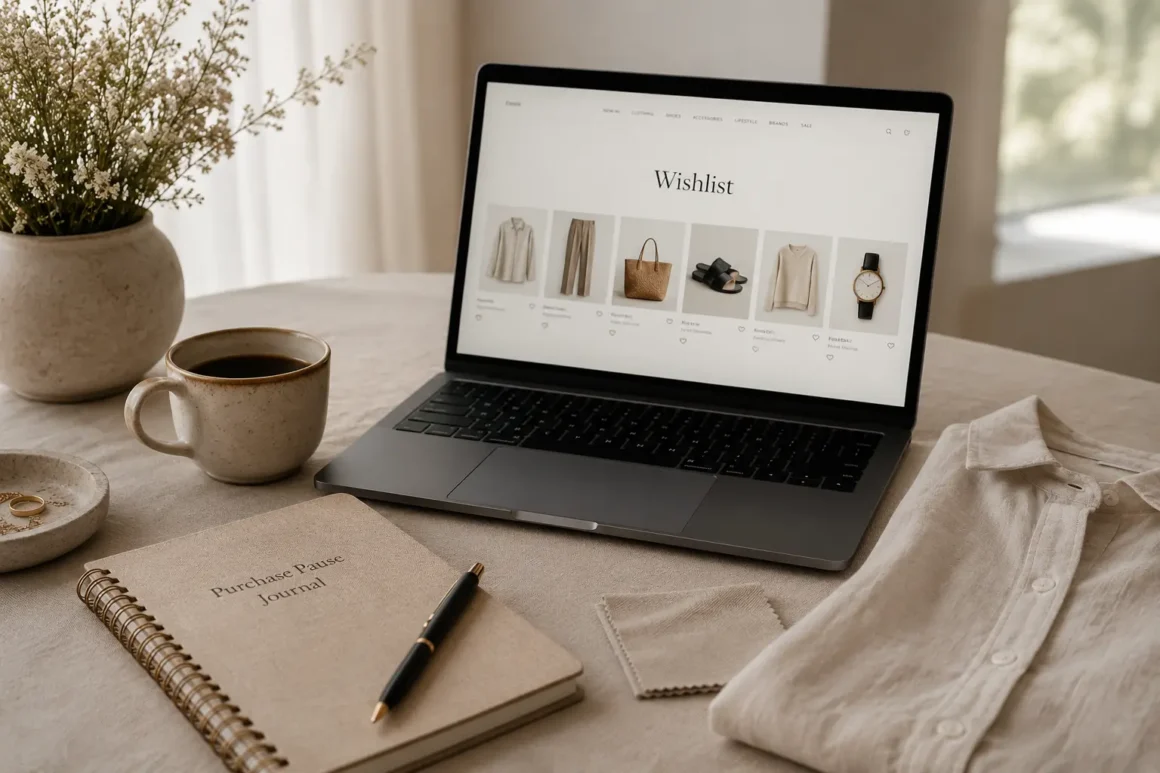 A thoughtfully styled workspace with a wishlist, notebook, coffee, and The Purchase Pause Journal, illustrating intentional shopping decisions.