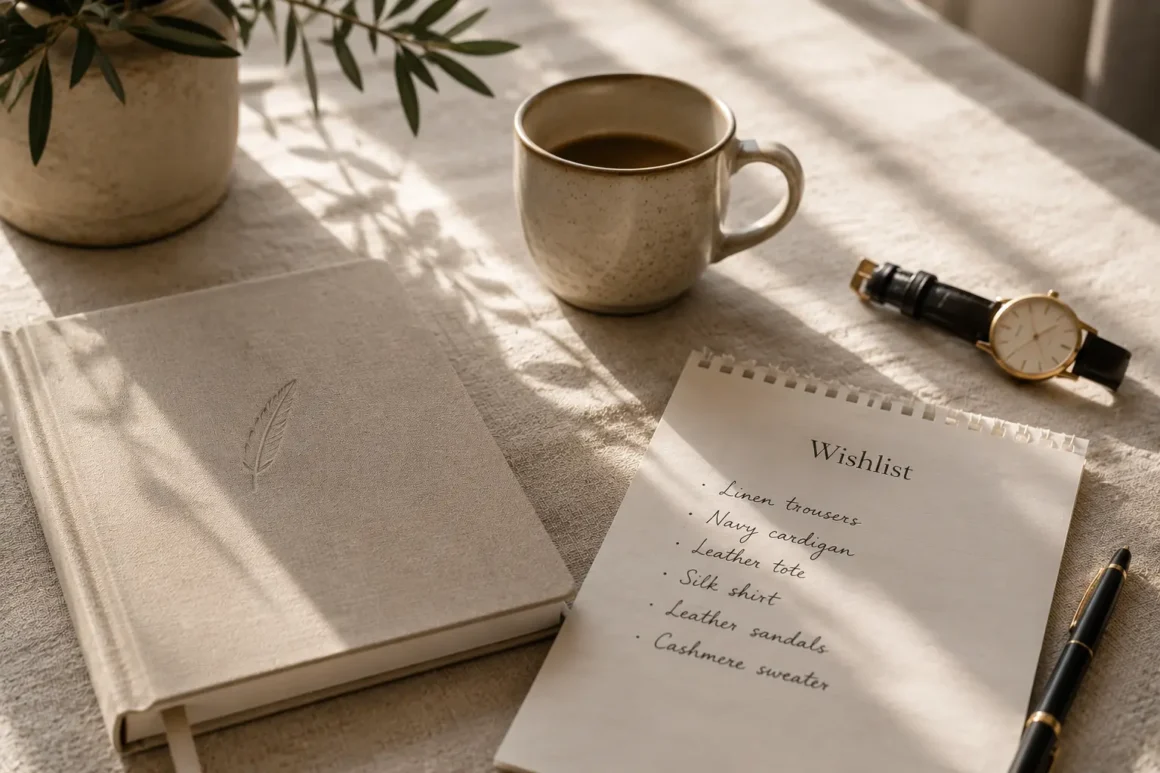 A handwritten wishlist beside a journal, coffee, and wristwatch, representing thoughtful purchase palnning instead of impulse shopping.