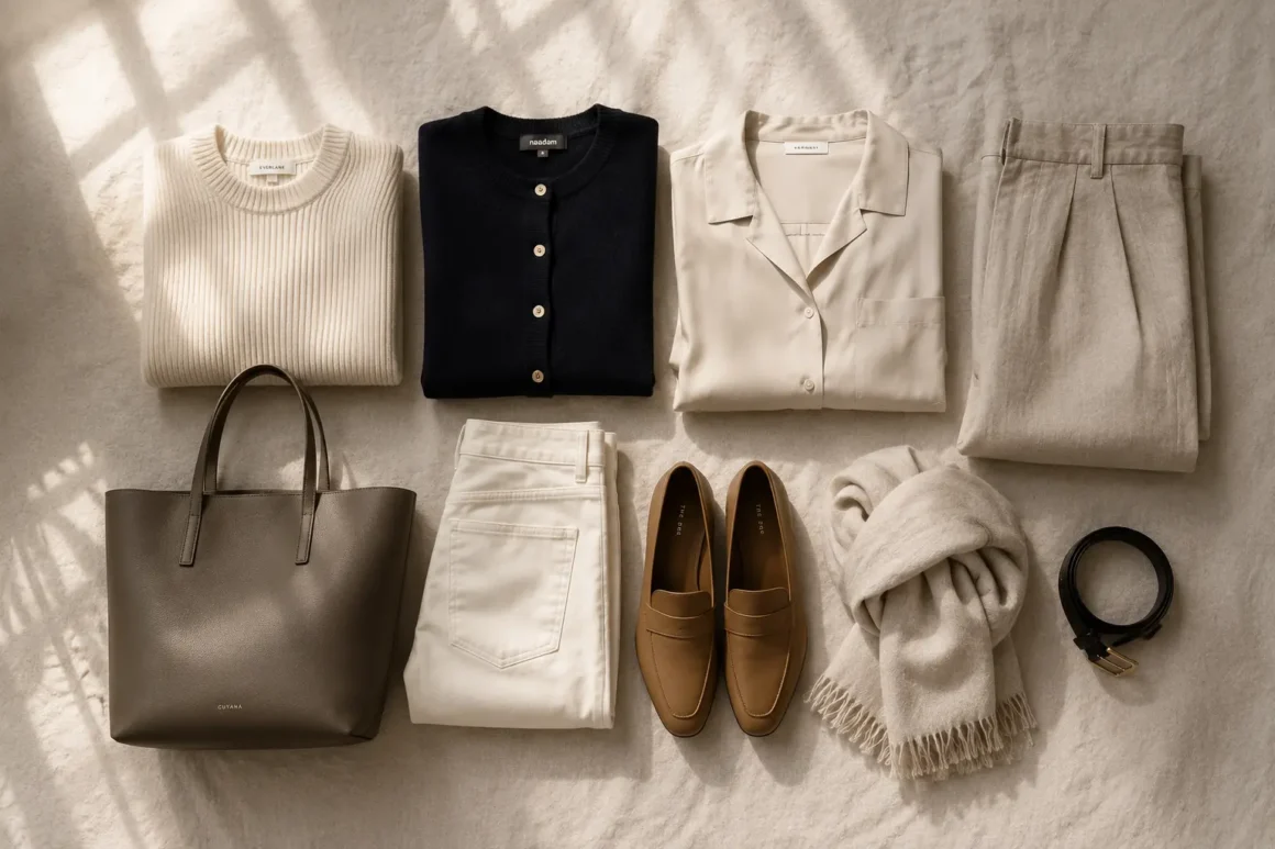 A curated capsule wardrobe with neutral clothing and accessories showing how a wishlist supports intentional wardrobe building.