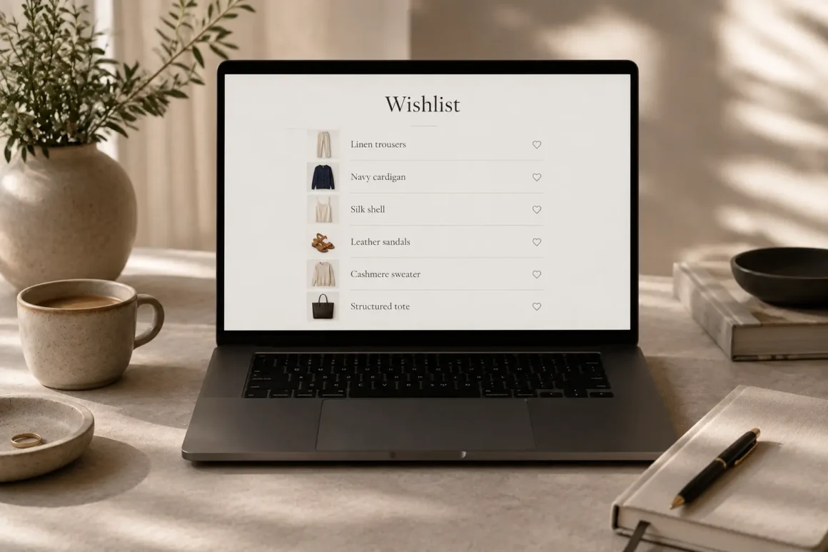 A laptop open to the wishlist illustrating the utility of utilizing a wishlist vs shopping carts for helping make intentional shopping decisions.