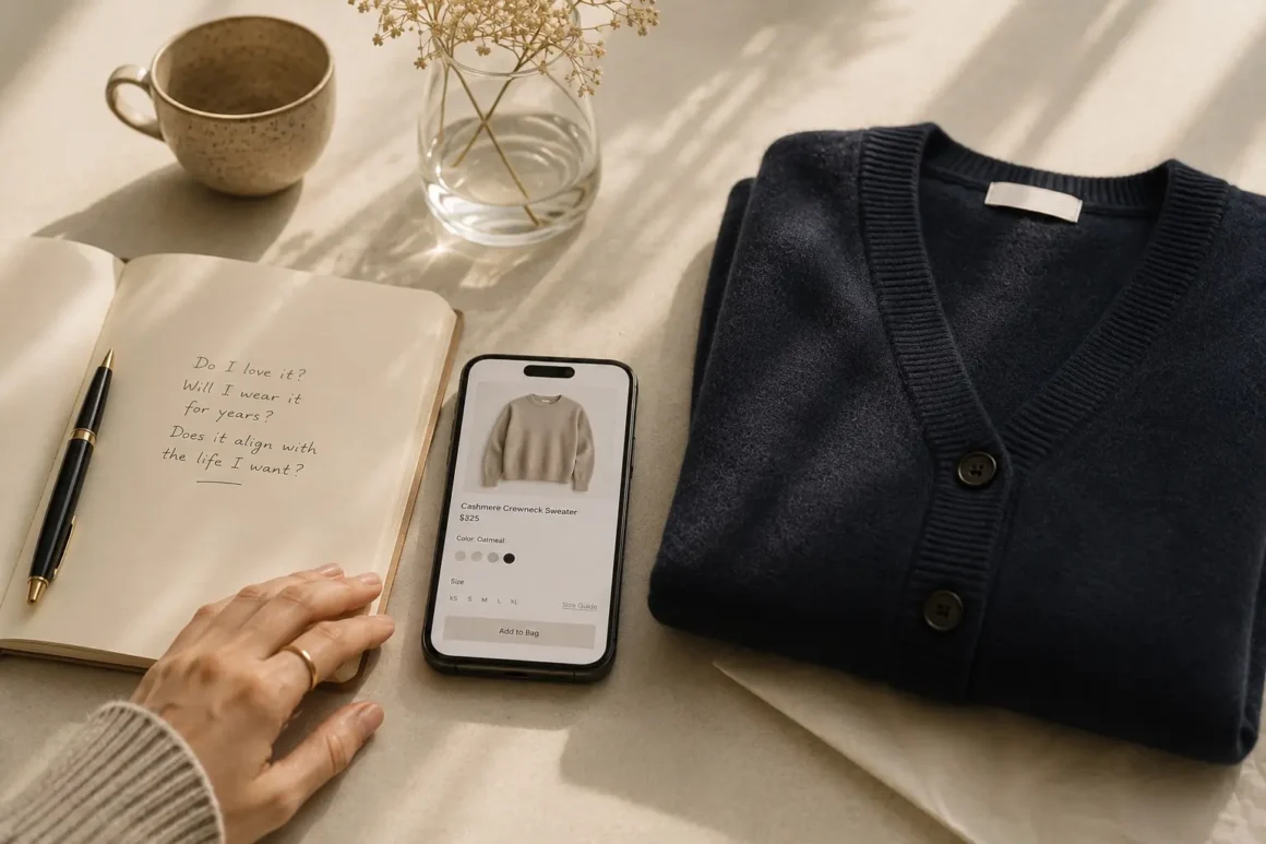 A hand rests beside a phone displaying a cashmere sweater, an open notebook, and a navy cardigan on a sunlit table.