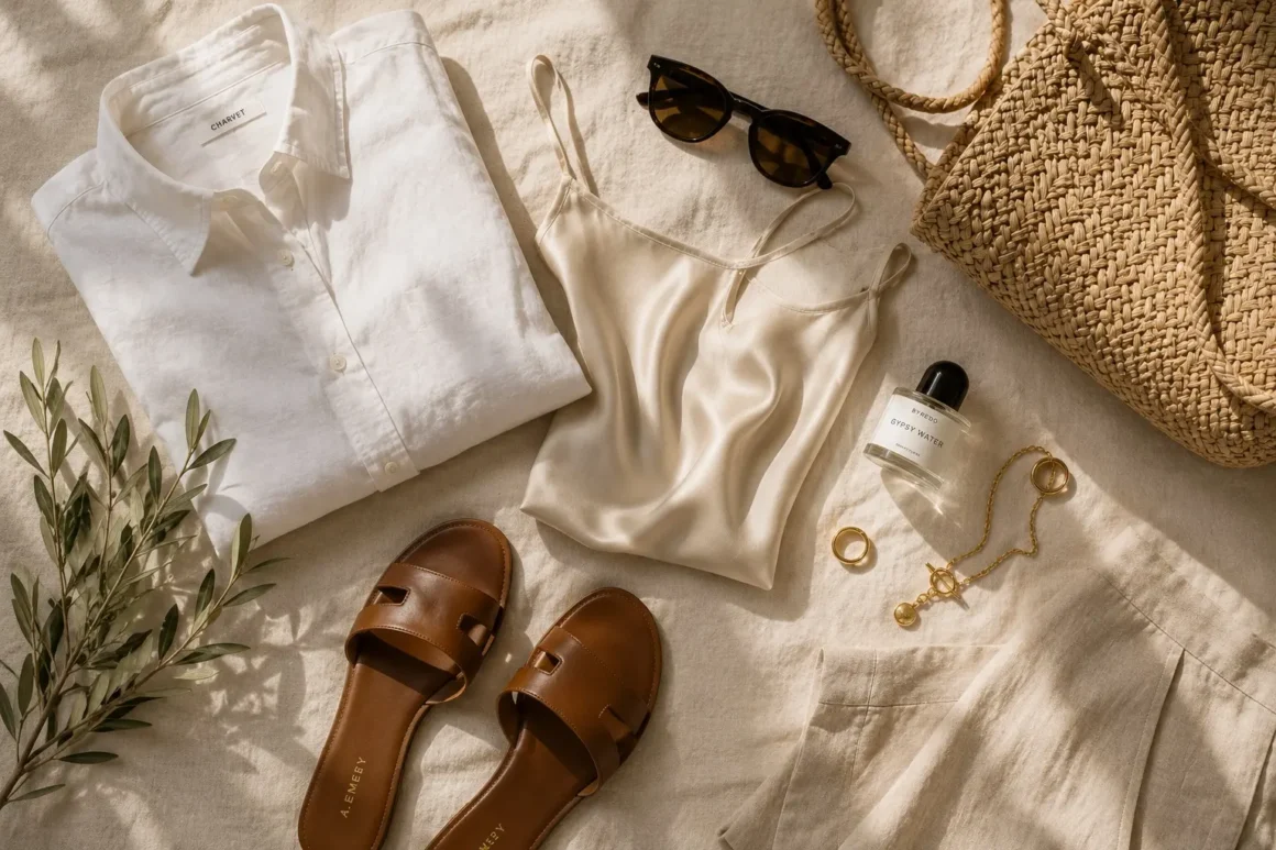 Flatlay of summer wardrobe essentials—white button-down cotton poplin shirt, silk camisole, sunglasses, a woven tote, versatile brown sandals, linen trousers, simple gold jewelry and a light fragrance—the building blocks of reliable quiet luxury summer outfits.