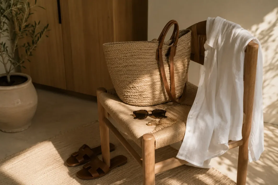 A white shirt thrown over a chair containing a seagrass summer tote, tortoise shell sunglasses, simple hoops and gold necklace, with brown slide sandals beneath the chair, to illustrate the main principle of how you build a quiet luxury summer capsule wardrobe: start with what you already have and choose fewer, better pieces.