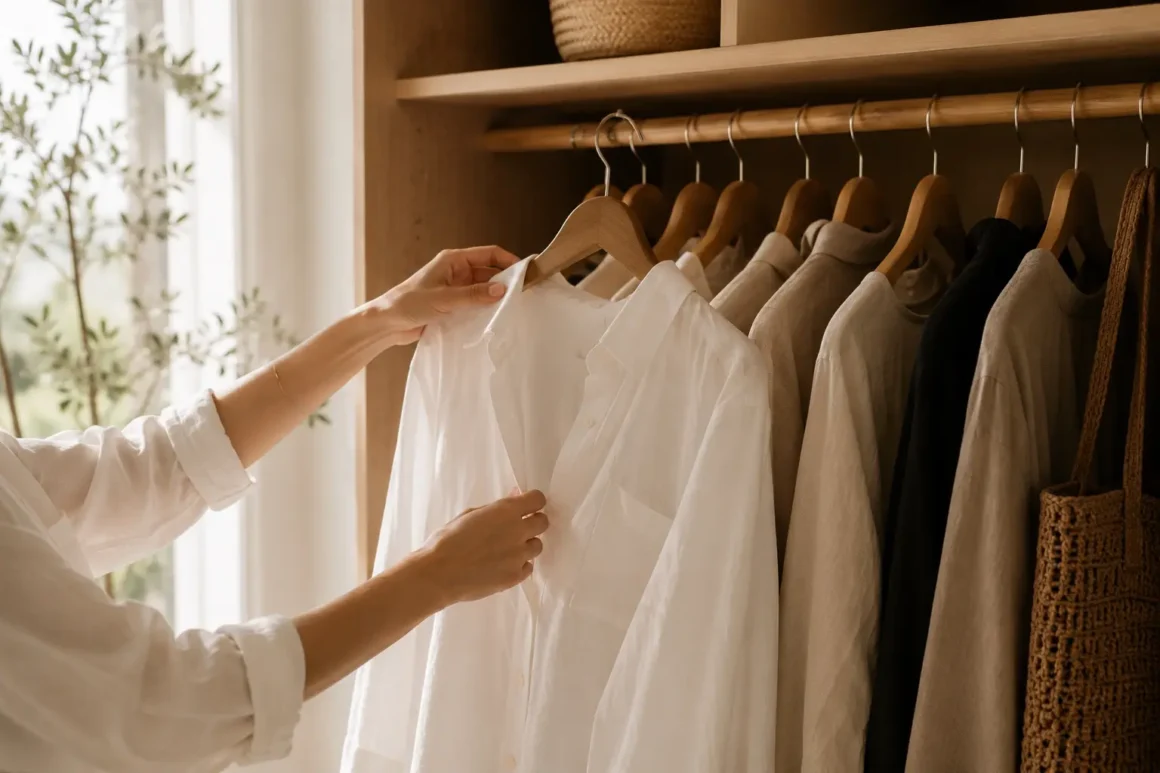 A woman getting dressed with a white cotton poplin shirt from her summer capsule wardrobe.