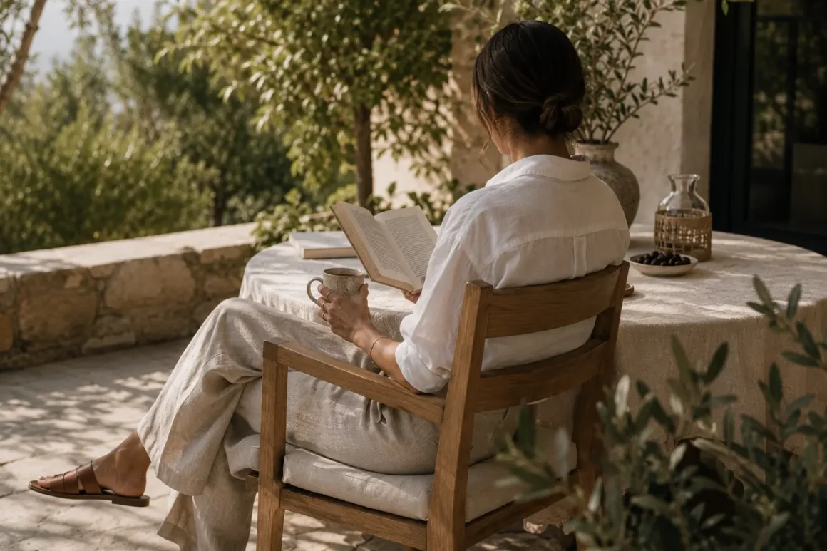 Someone sitting outside after getting dressed in one of her quiet luxury summer outfits, reading a book and having a coffee in the garden, enjoying a cool breeze on a warm day.